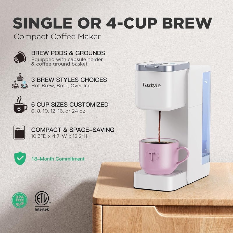 Tastyle Single Serve Coffee Maker, Iced and Hot Coffee Machine for K Cup & Grounds, Compact Design, 40oz Removable Water Reservoir, 6 to 24 Oz Brew Sizes, Fits 7.3" Travel Mug, White - Image 2
